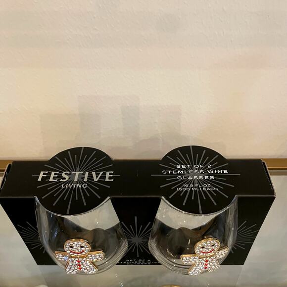 Christmas Jeweled GINGERBREAD Stemless Wine Glass Set of 2 Holiday Barware New - Picture 6 of 11